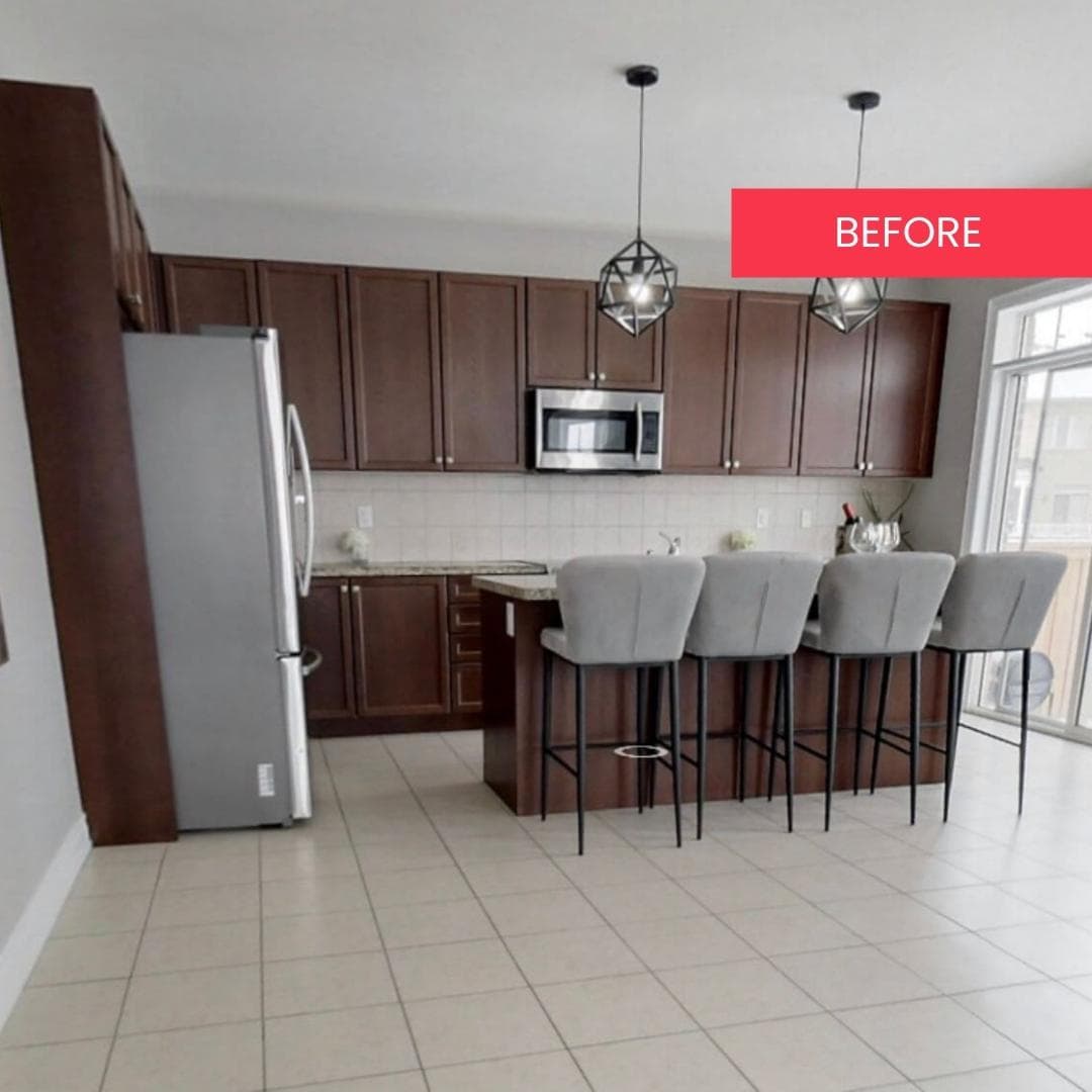 Open concept kitchen before cabinet refinishing
