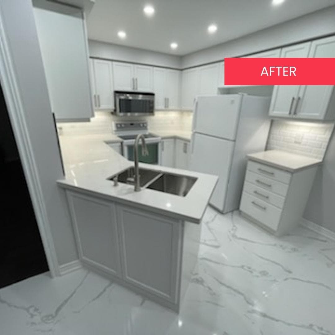 Compact kitchen after cabinet refinishing