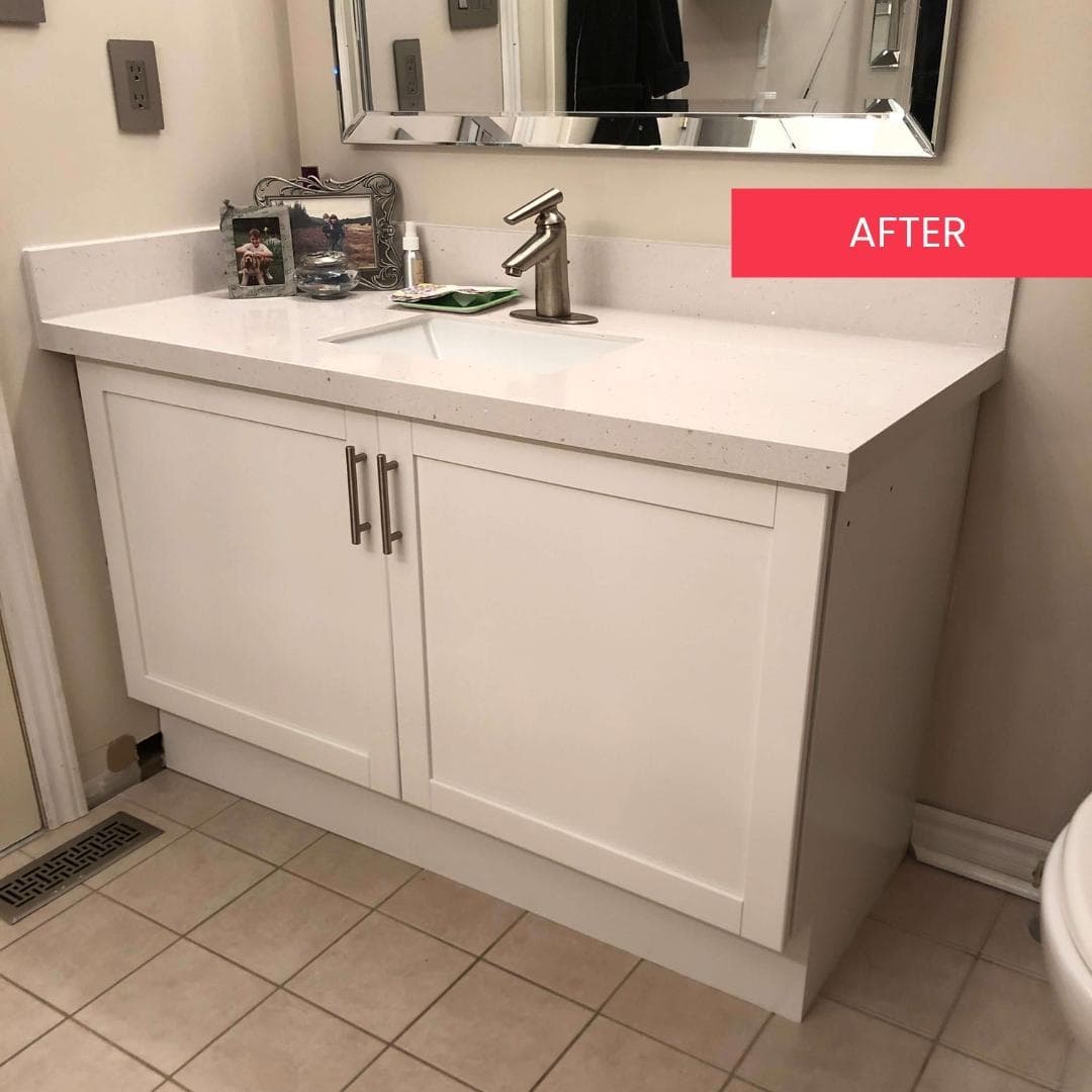 White bathroom vanity after refinishing